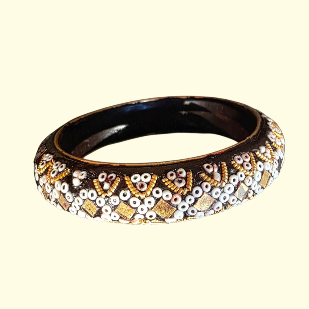Vintage Black and Gold Wood Bangle With Glass Beads EUC